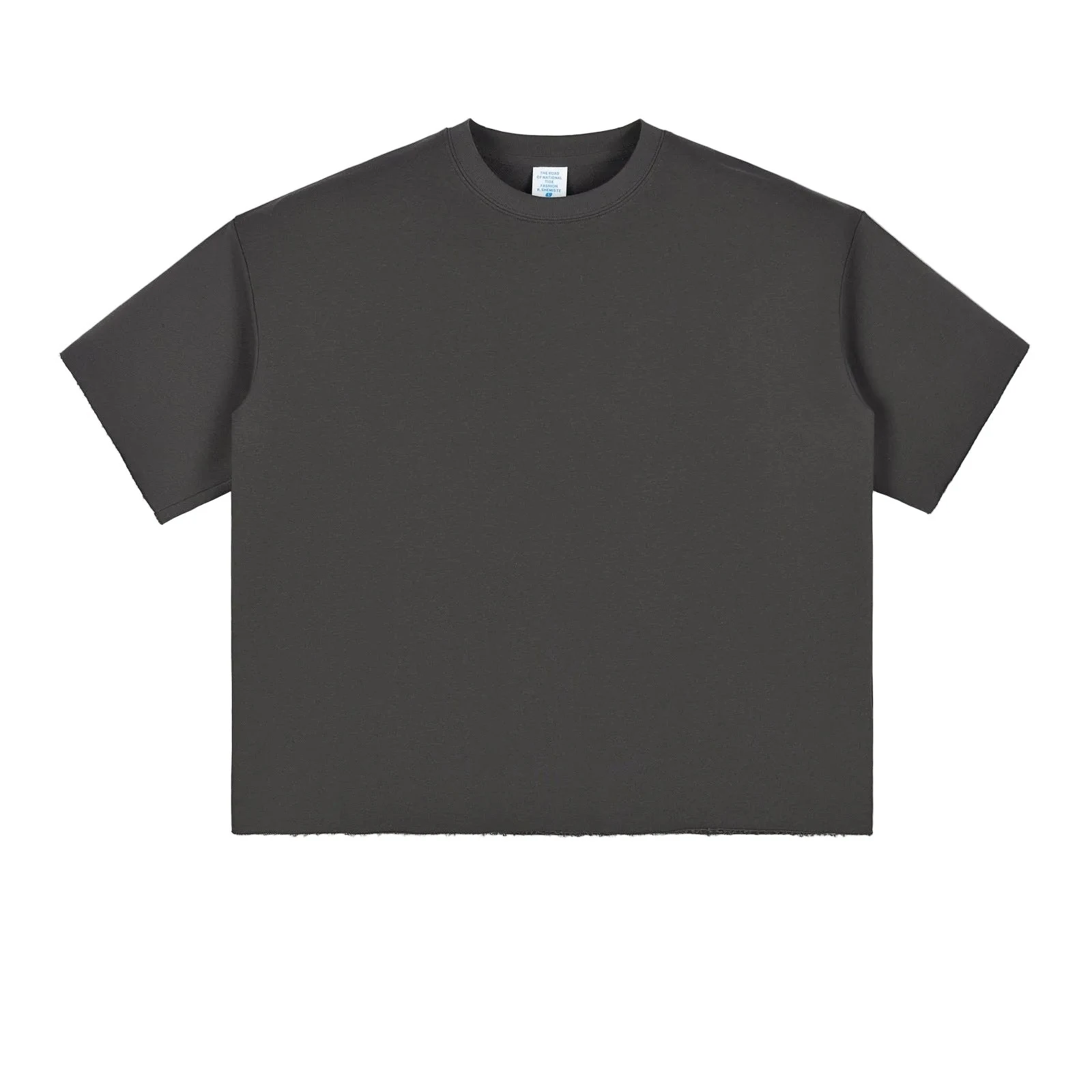 Flat lay of a plain charcoal cotton T-shirt