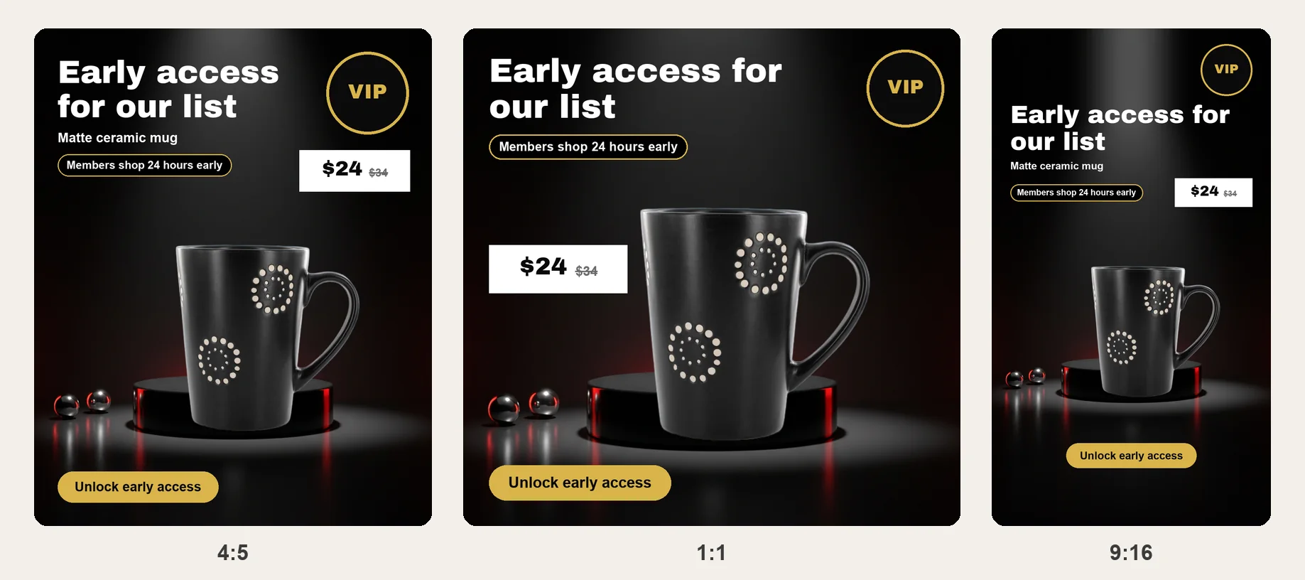 Black Friday VIP early access ad for a black mug with a gold VIP badge in three sizes