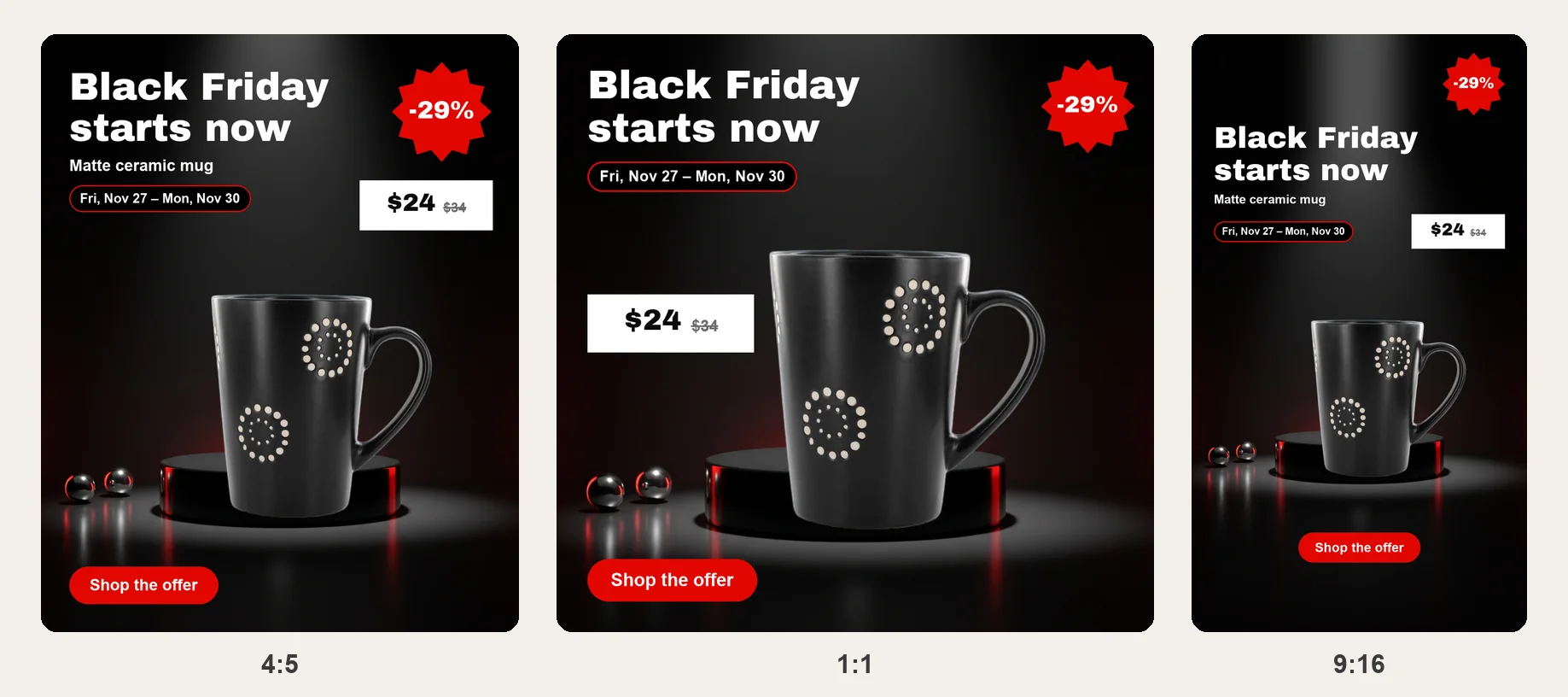 Black Friday sale ad for a black mug with a red discount badge and offer card in three sizes