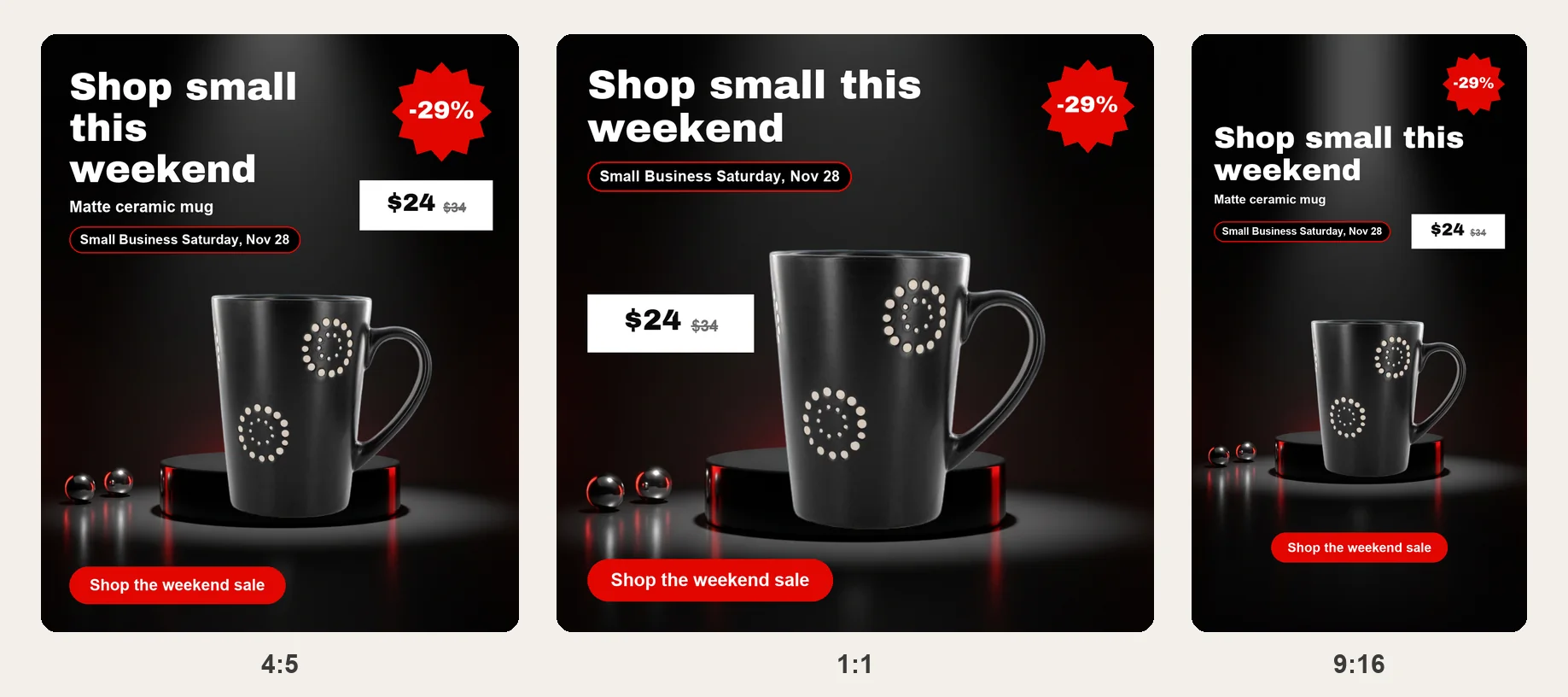 Small Business Saturday weekend ad for a black mug with the same offer and badge in three sizes