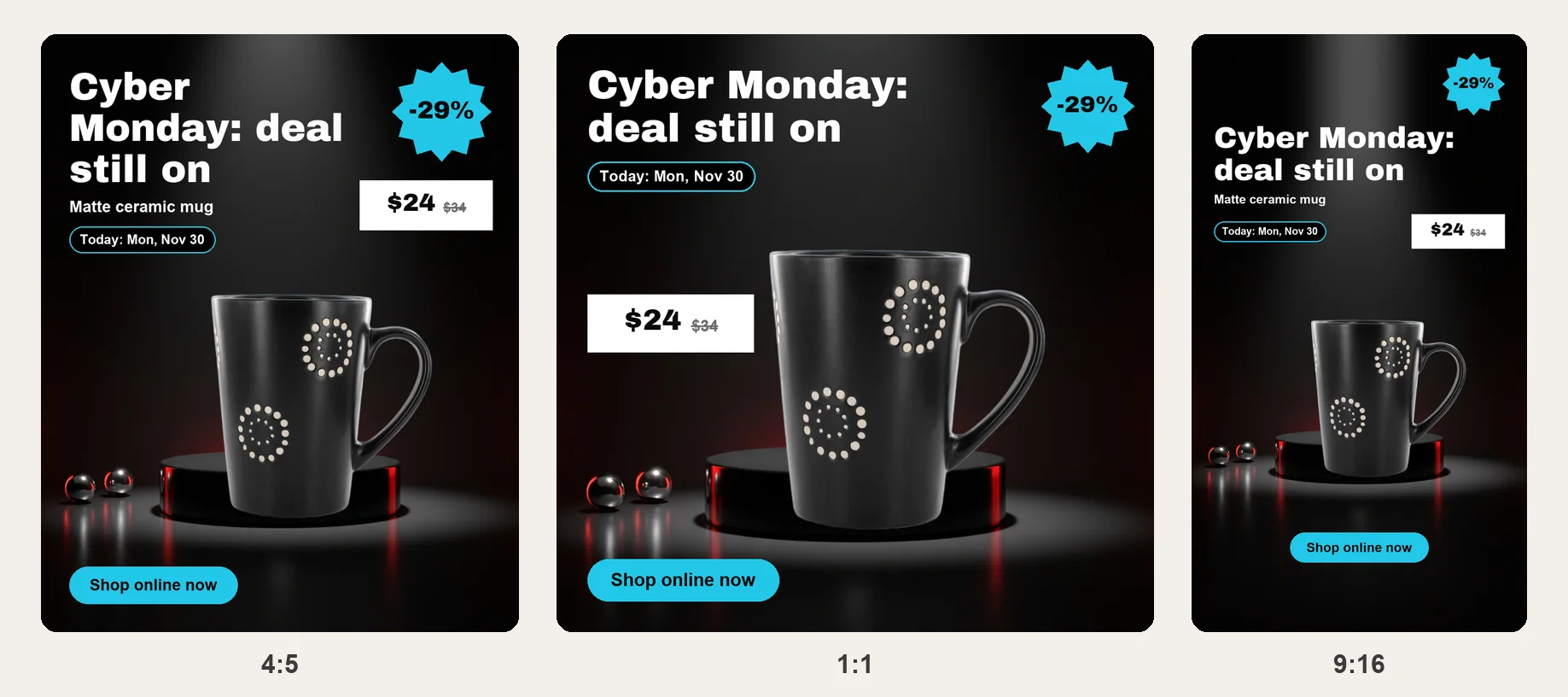 Cyber Monday ad for a black mug with a blue badge and blue button in three sizes