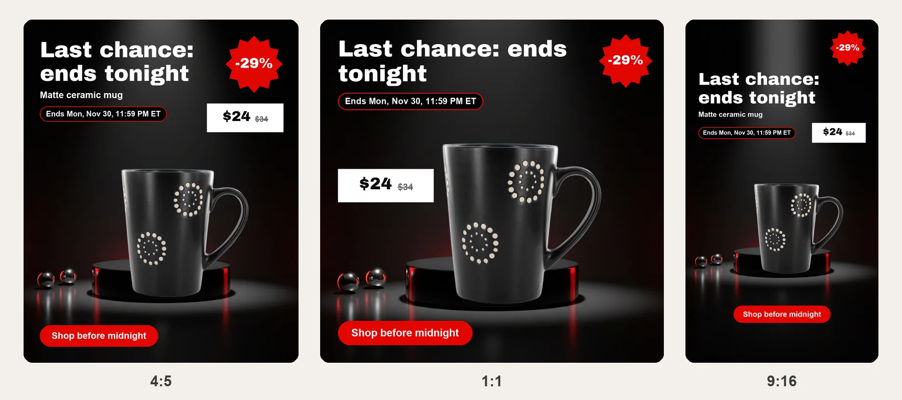 Last chance Black Friday ad for a black mug showing the sale end time in three sizes