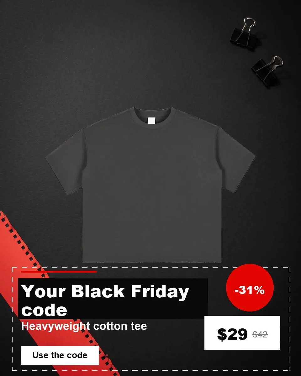 Sale graphic: grey T-shirt on black paper with a torn red strip and a code headline