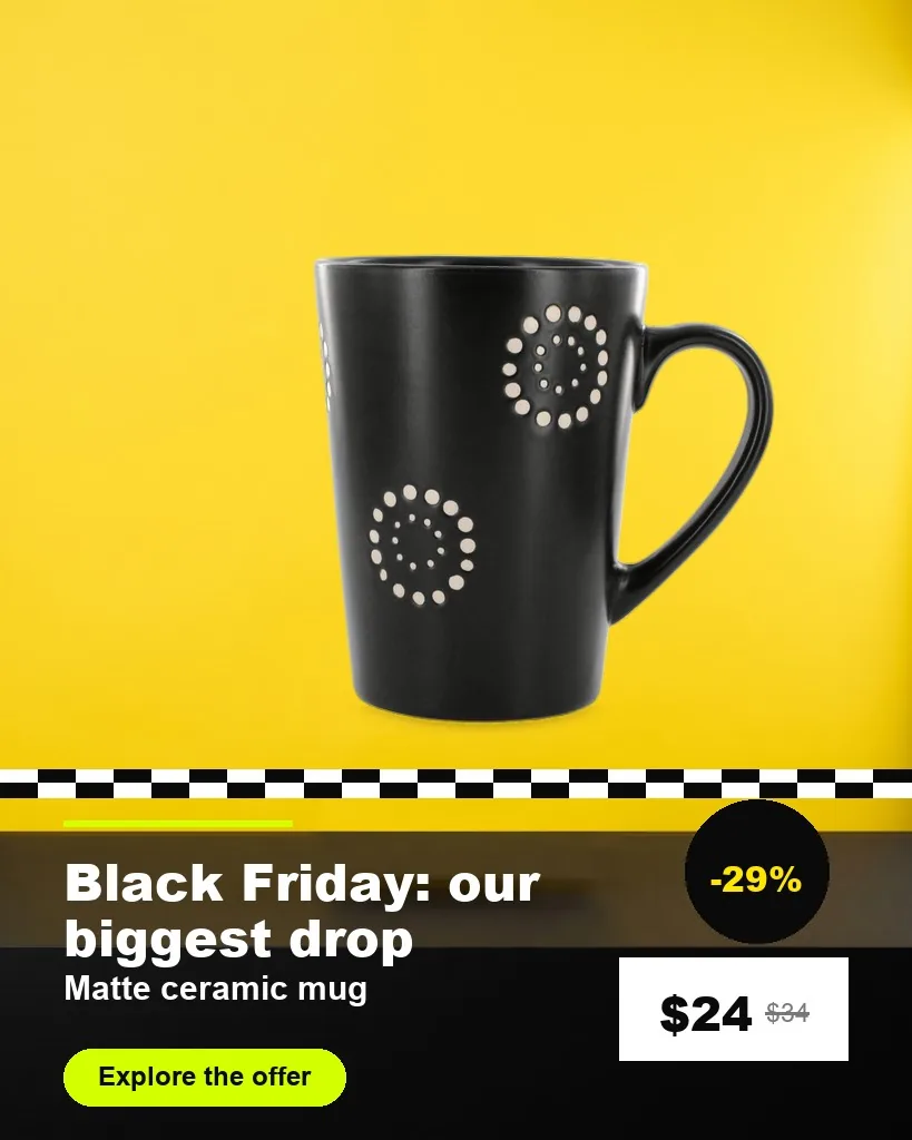 Sale graphic: black mug on a lemon-yellow field with headline, discount and price on a black band