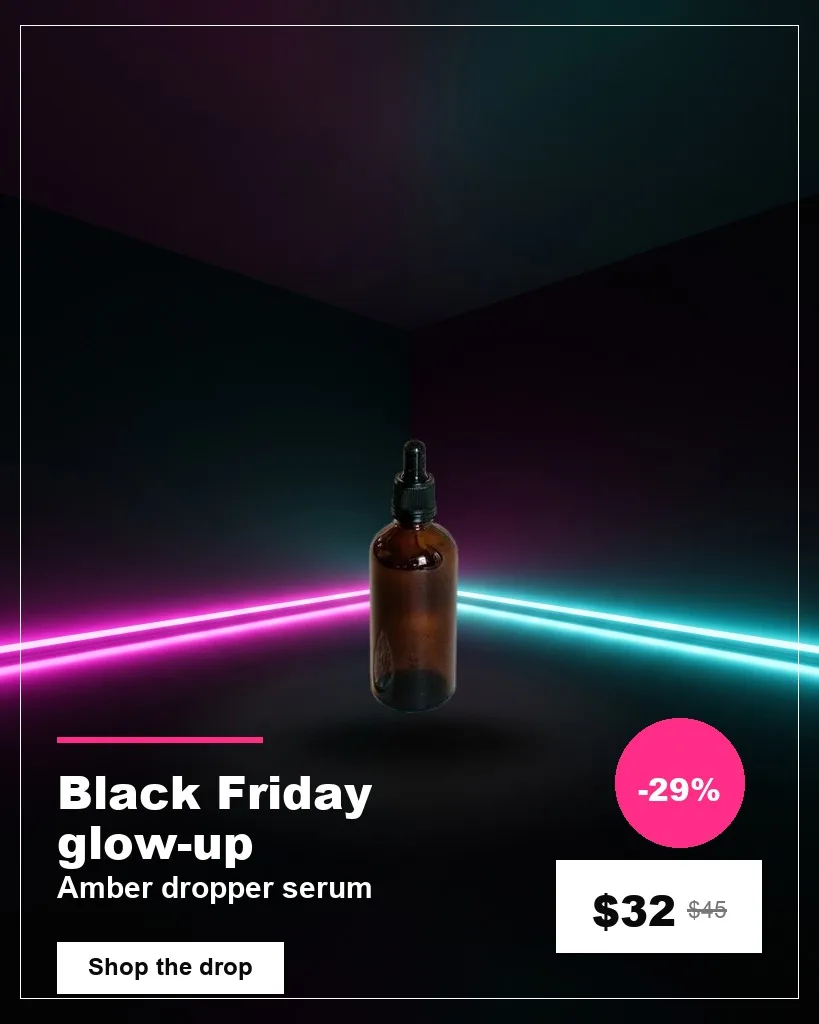 Sale graphic: amber bottle in a black room with magenta and cyan light strips and a sale headline