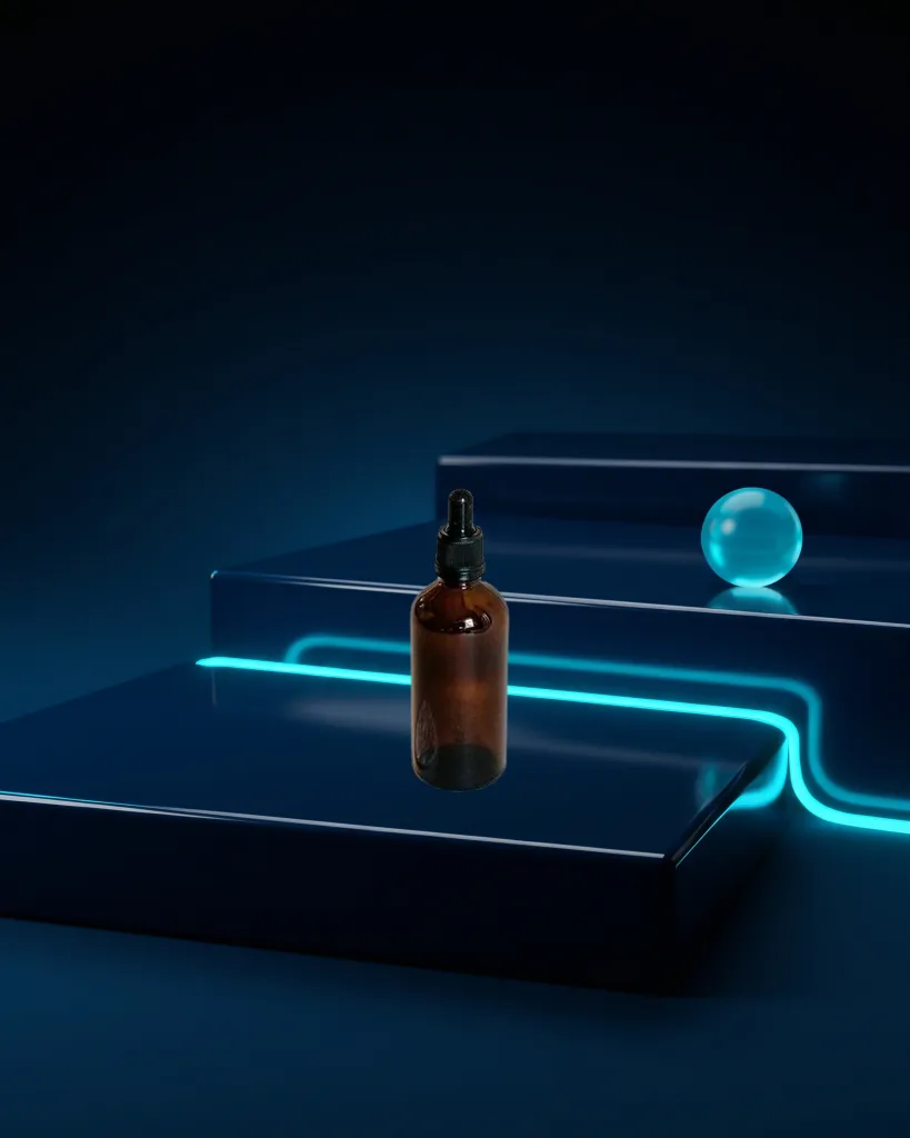 Amber dropper bottle on a glossy midnight-blue step with cyan light along the edges