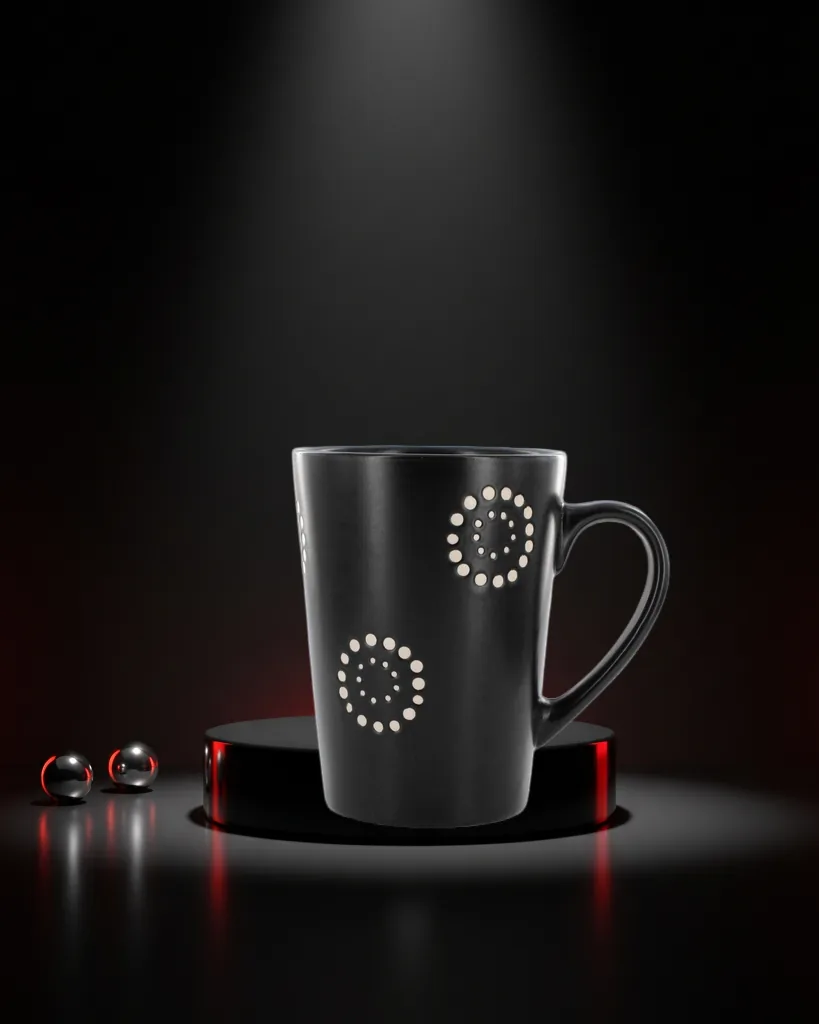Black dotted mug on a glossy black riser under one spotlight with a red rim light