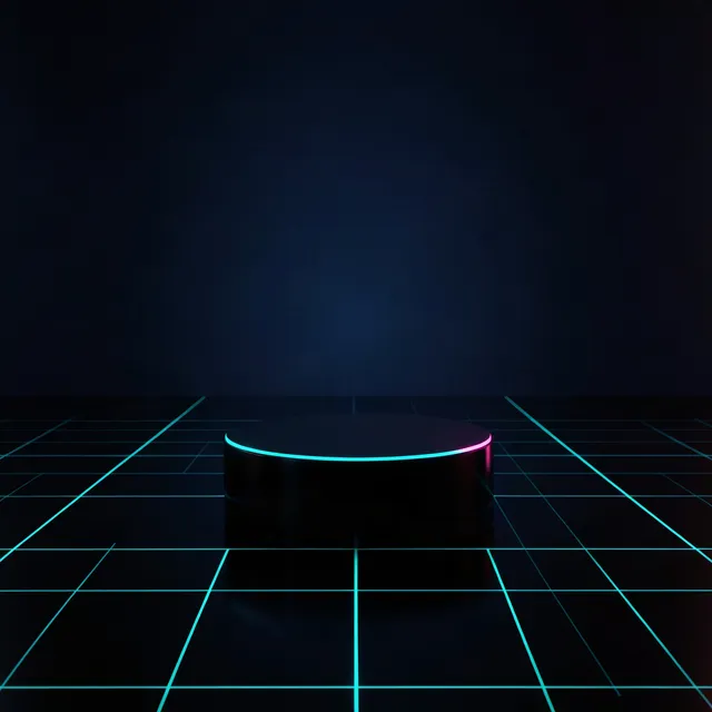 Empty black pedestal on a dark floor with a glowing cyan grid