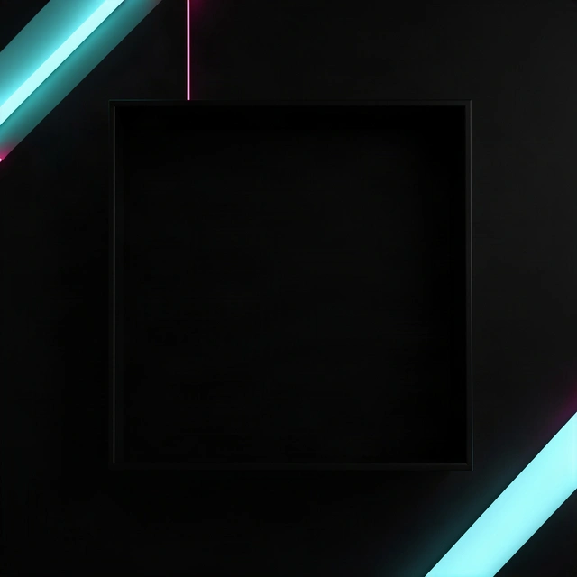 Cyan light bands crossing the corners of a black surface seen from above