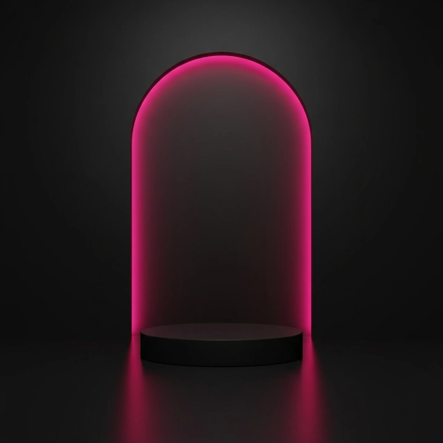Round black plinth in front of a black arch lit with hot-pink light