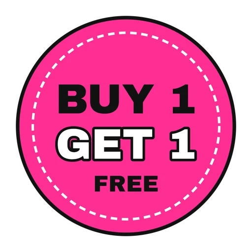 Round pink badge that reads Buy 1 Get 1 Free on transparent background