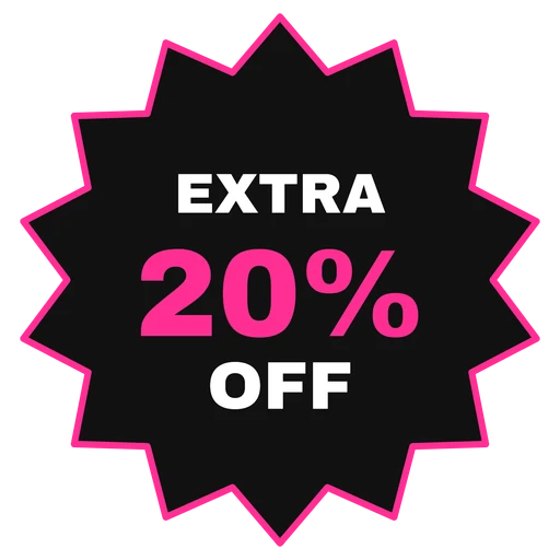 Black starburst with Extra 20% off in white and pink on transparent background