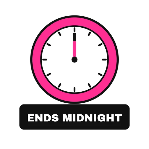 Pink clock showing midnight above a black Ends midnight banner on transparent background