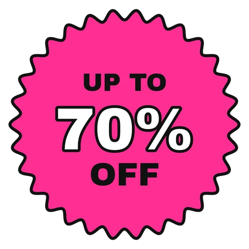 Pink scalloped seal that reads Up to 70% off on transparent background