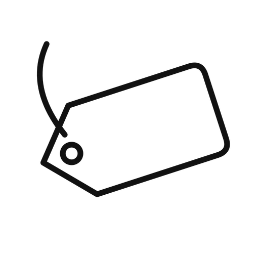 Black line drawing of a blank price tag with string on transparent background