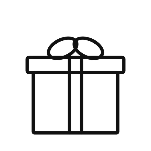 Black line drawing of a gift box with a bow on transparent background