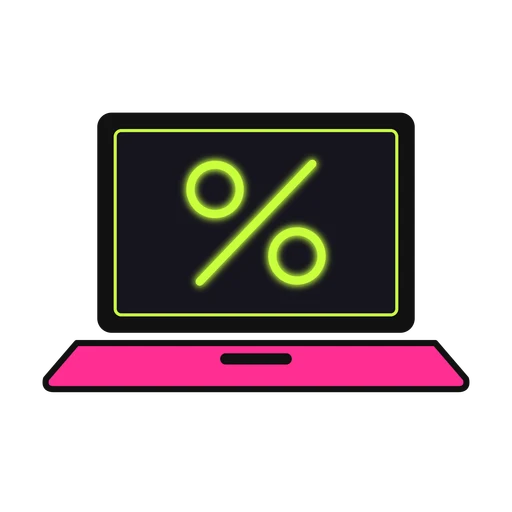 Black laptop with a glowing yellow-green percent sign on its screen on transparent background