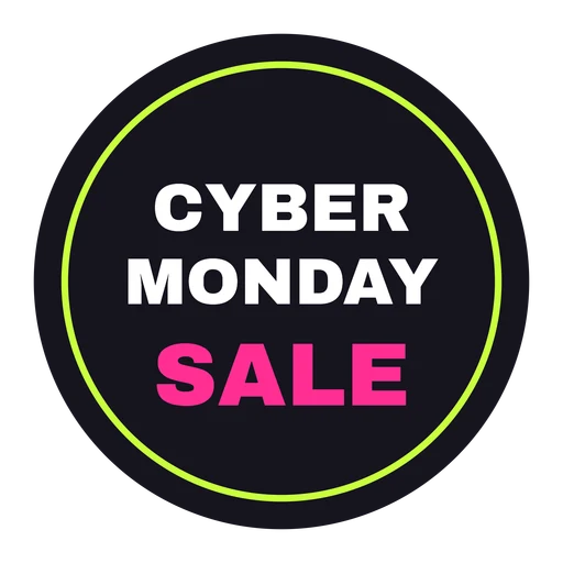 Dark round badge with a yellow-green ring that reads Cyber Monday Sale on transparent background