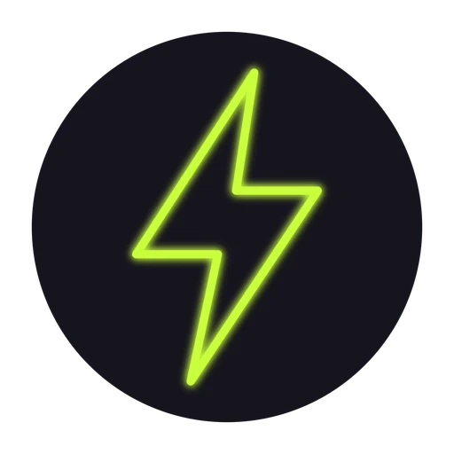 Glowing yellow-green neon lightning bolt on a dark round plate on transparent background