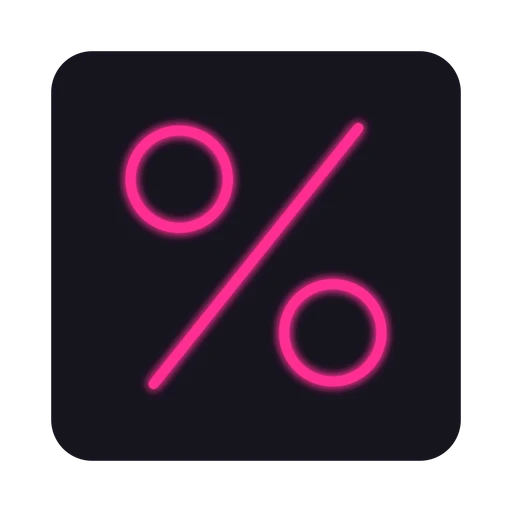 Glowing pink neon percent sign on a dark square plate on transparent background