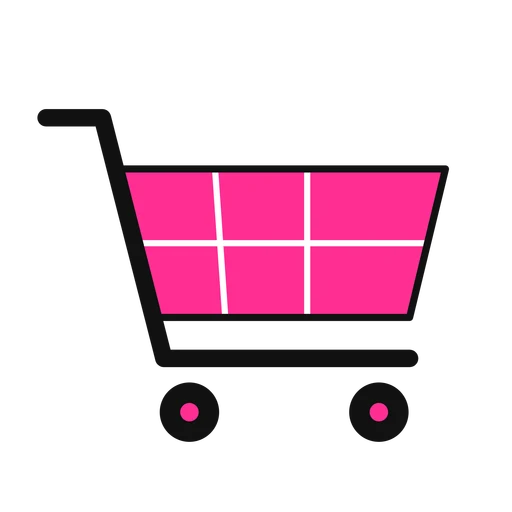 Pink shopping cart with a black frame and wheels on transparent background