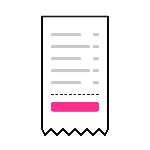 Blank white receipt with gray lines and a pink total bar on transparent background