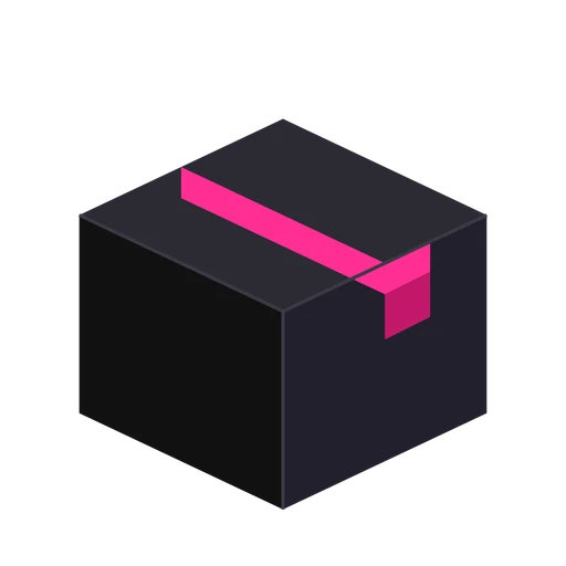 Black shipping box sealed with pink tape on transparent background