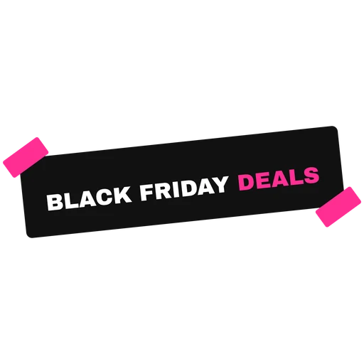 Tilted black strip that reads Black Friday Deals with pink tape on transparent background