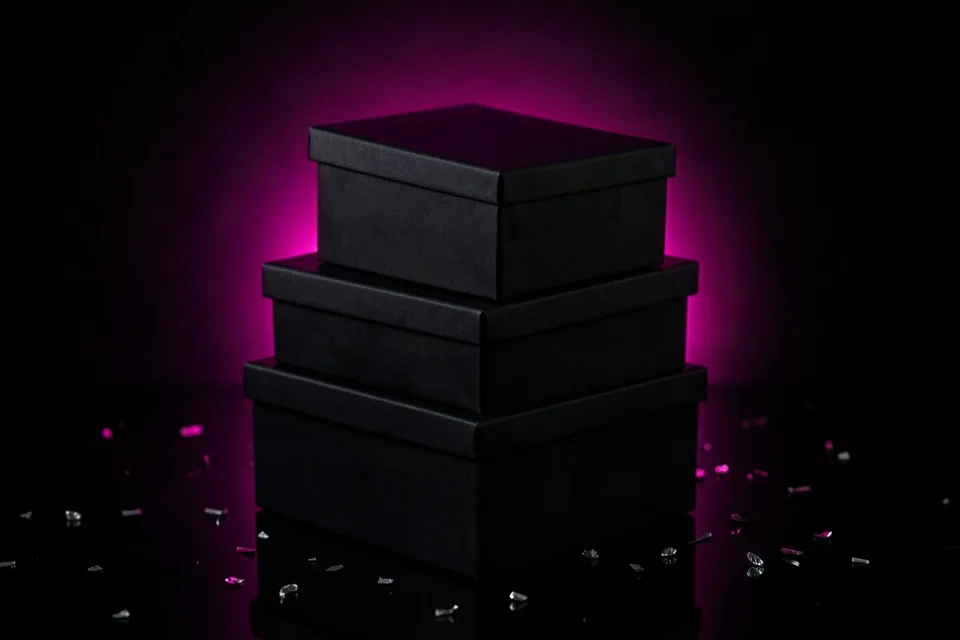 Stack of black gift boxes outlined by a pink glow, a Black Friday gift guide photo