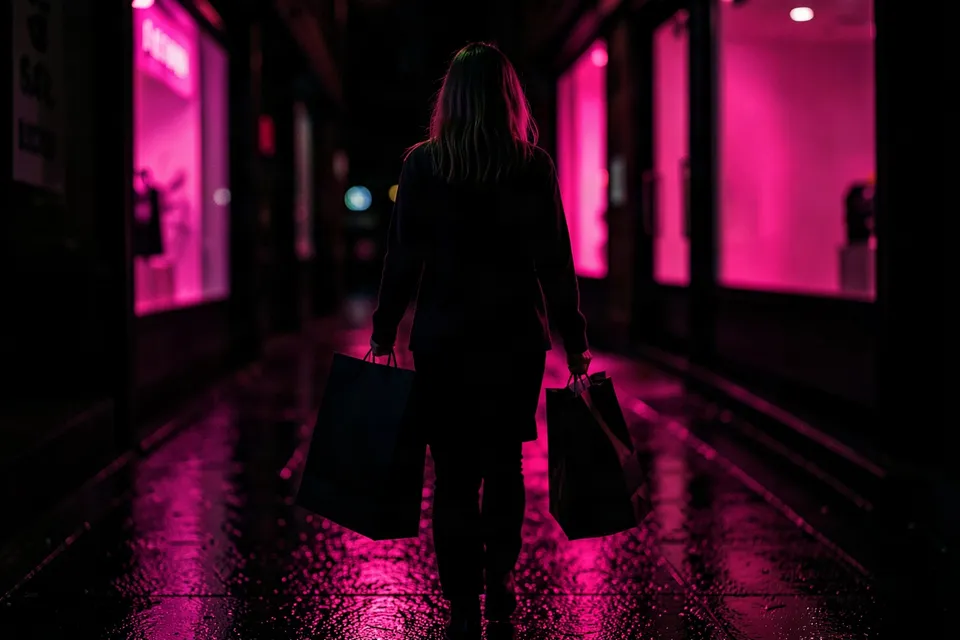 Shopper walking away down a wet street with pink shop lights at night