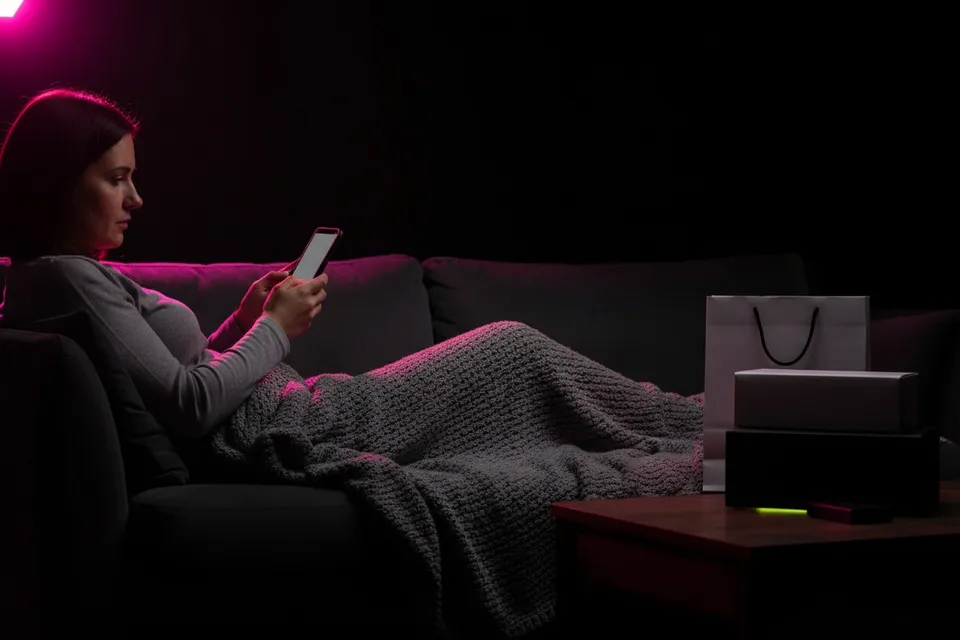 Woman on a sofa under a blanket shopping on her phone beside black bags