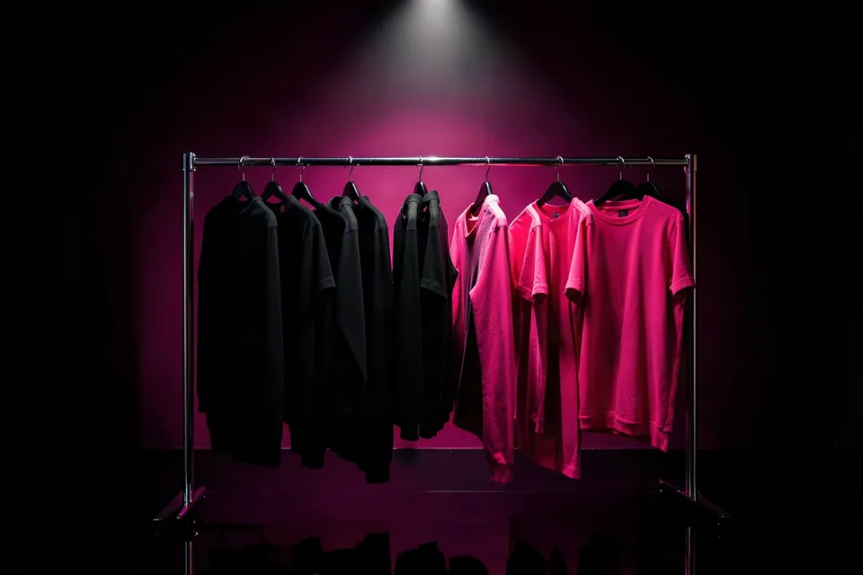 Clothing rail of black and pink garments under a spotlight in a dark shop