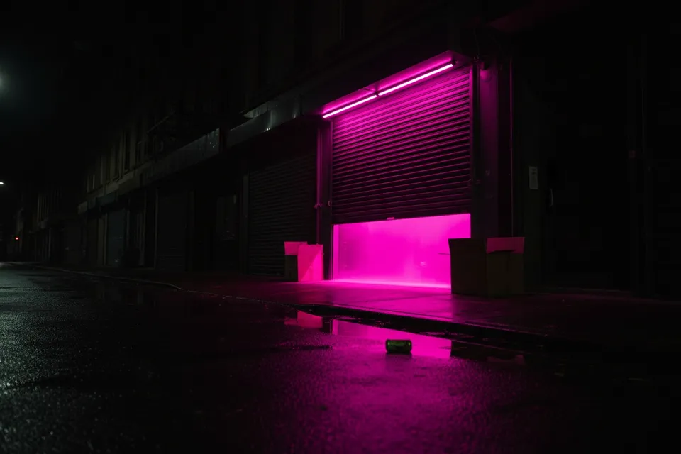 Shop shutter half raised at night with pink light, a Black Friday store opening picture