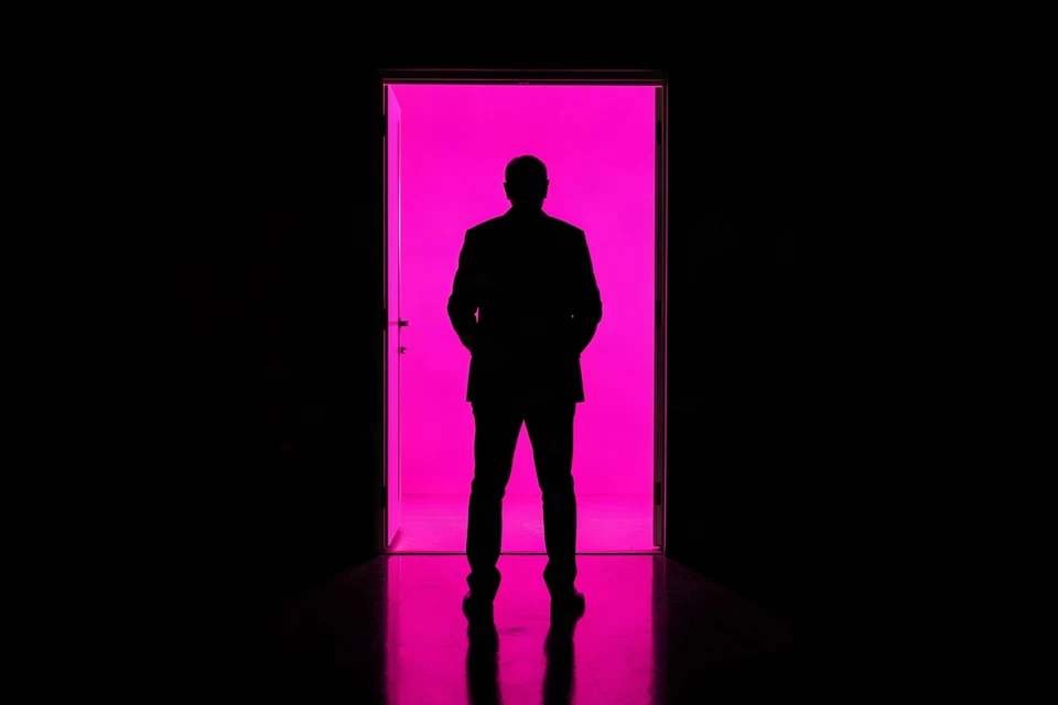 Silhouette of a person standing in a doorway filled with pink light