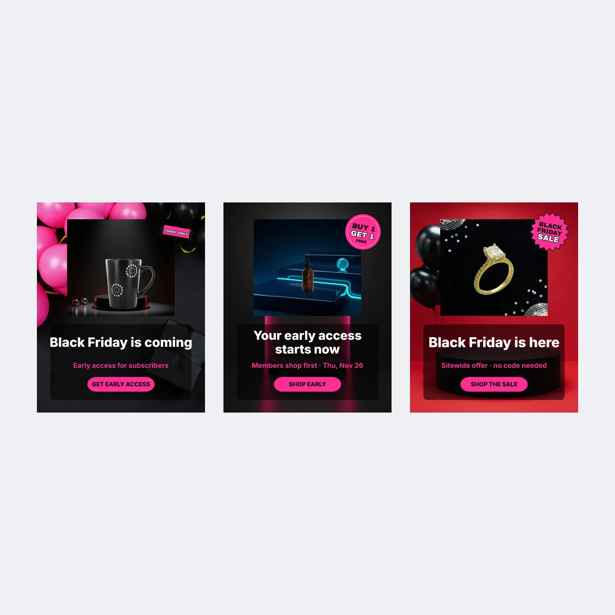 Portrait 4:5 ad templates for the warm-up, VIP early access and sale live stages