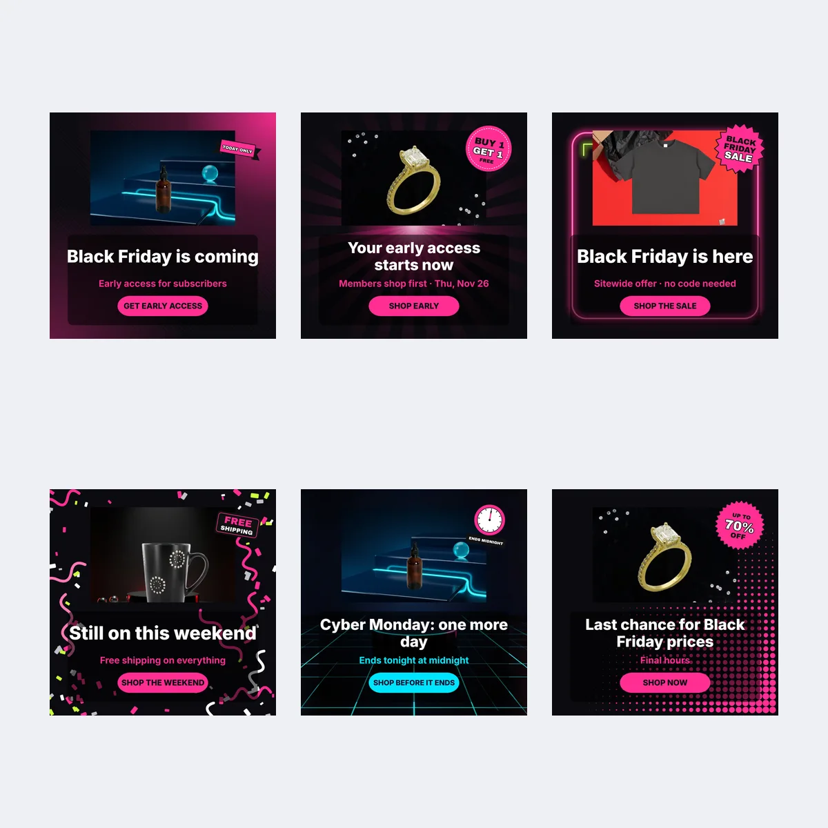 Six square 1:1 Black Friday ad templates, one for each stage from warm-up to last chance