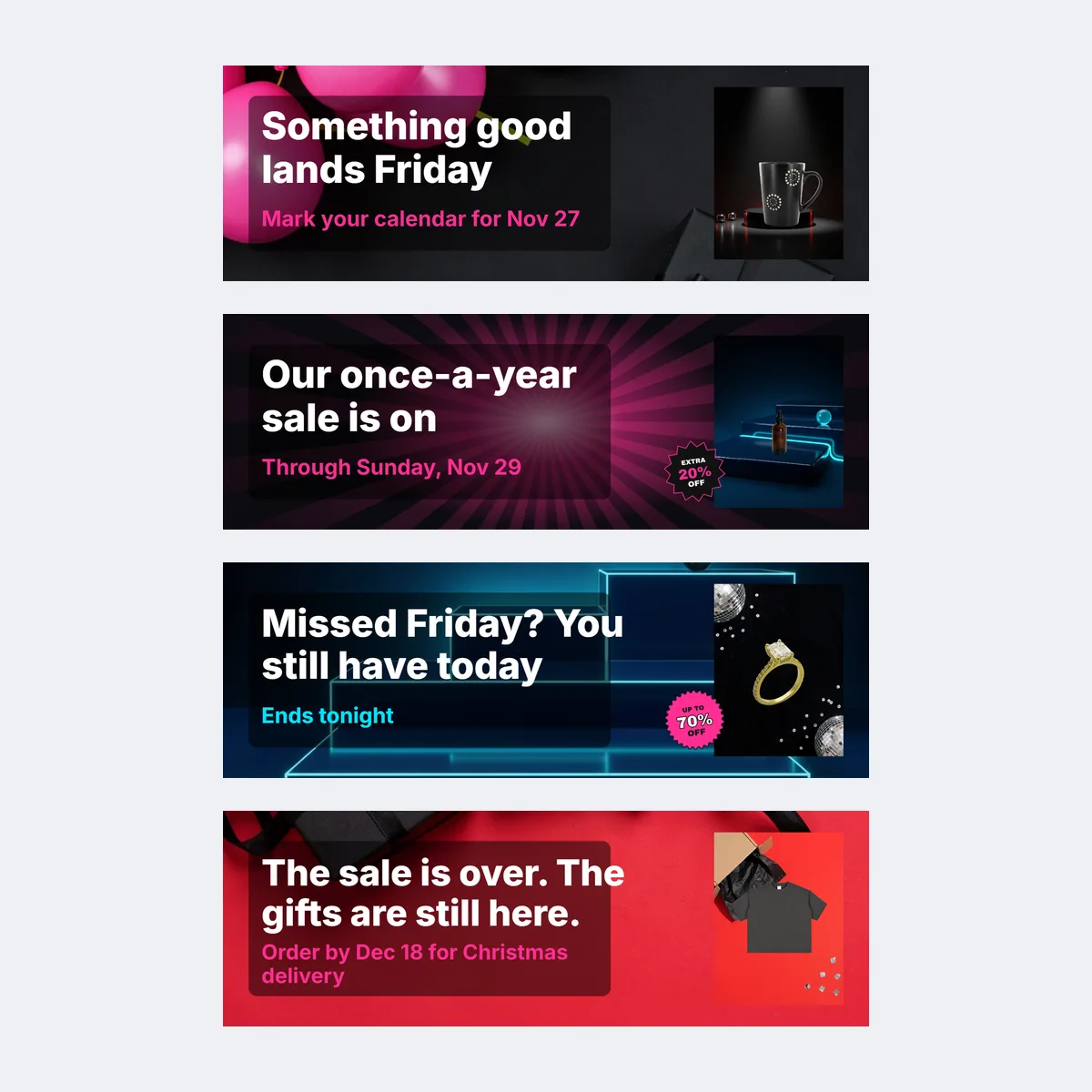 Teaser, sale, Cyber Monday and after-sale versions of the Black Friday email header