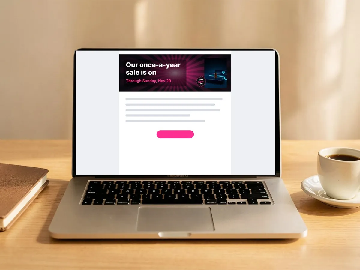 Laptop showing a Black Friday email with its header image and a pink button