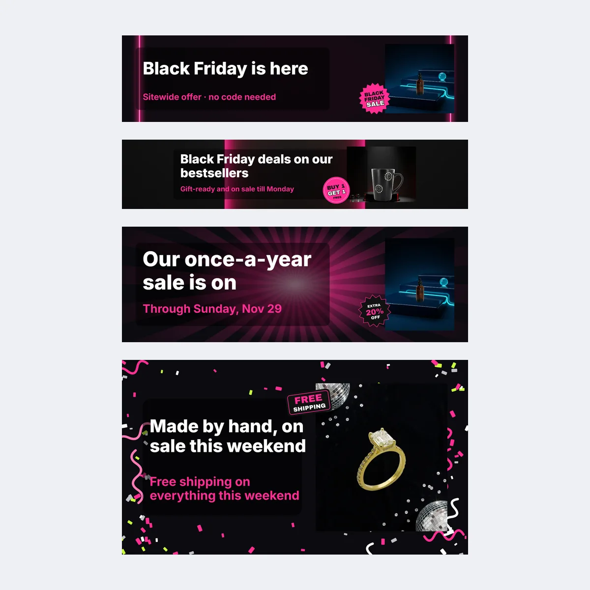 Etsy, Amazon, email and Shopify Black Friday banner templates at their own platform shapes
