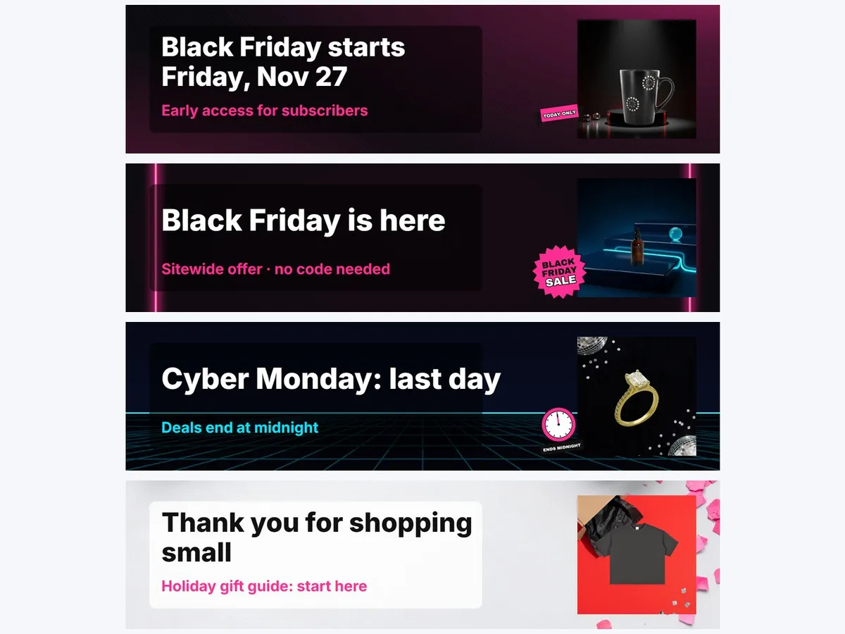 Teaser, Black Friday, Cyber Monday and after-sale versions of one Etsy shop banner