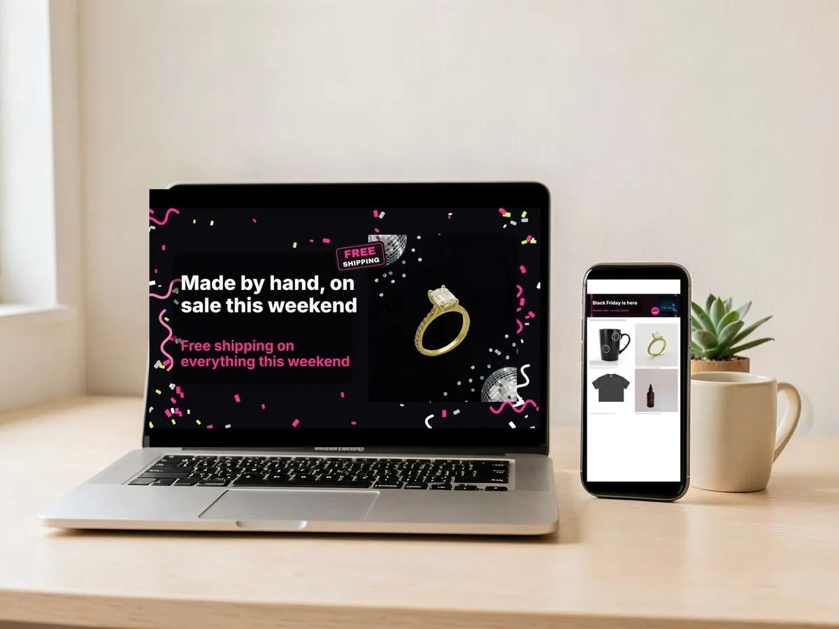 Laptop with a Shopify Black Friday banner and a phone showing an Etsy shop page