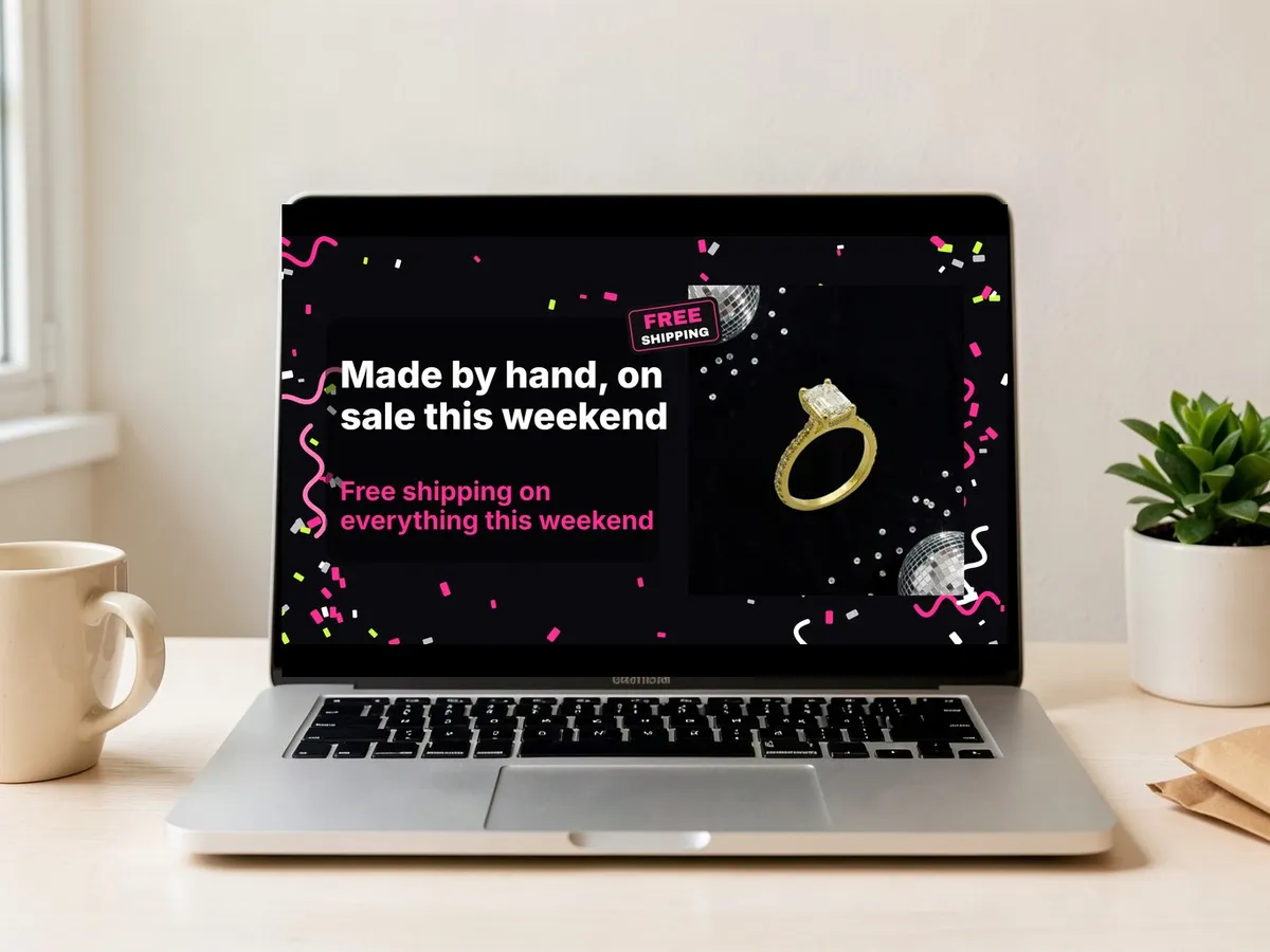 Laptop showing a Shopify homepage Black Friday banner beside a mug and a plant