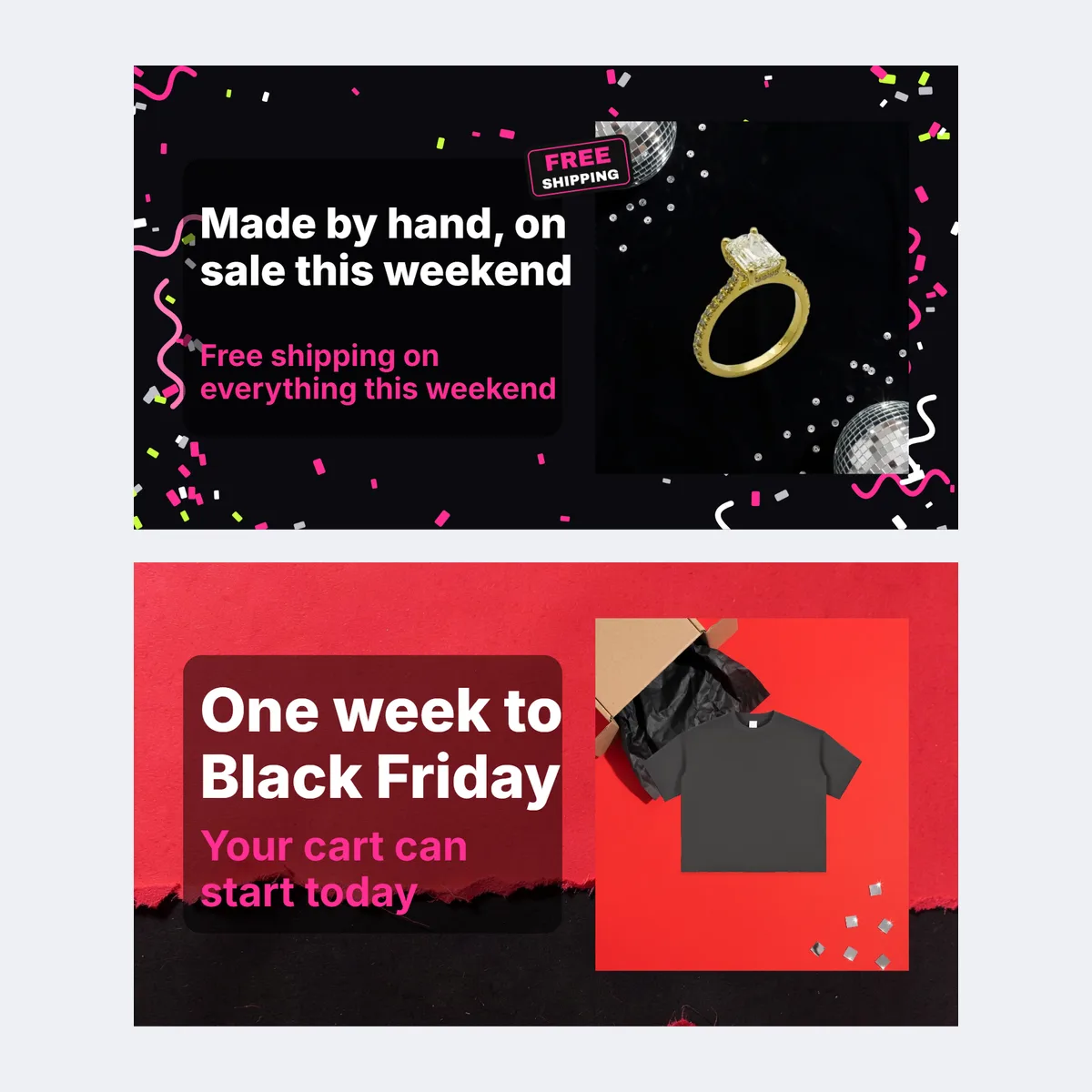 Shopify homepage banner templates for the sale and the teaser, one above the other