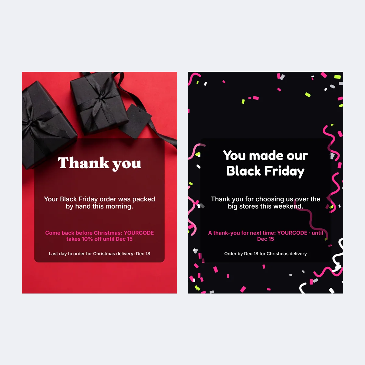 Two Black Friday order thank-you card templates with a Christmas code and last order date
