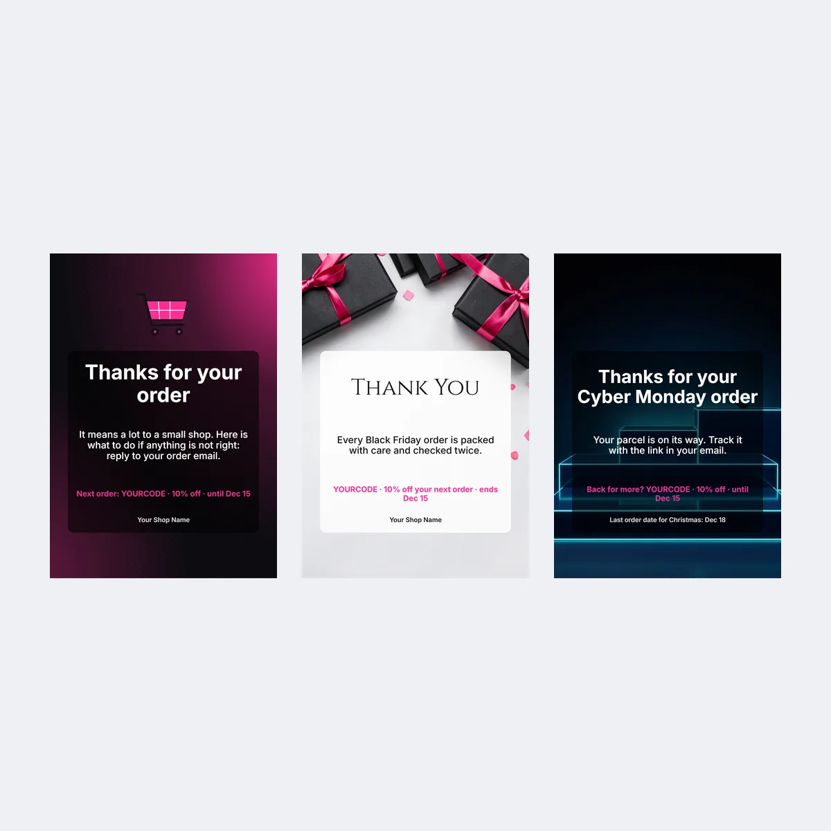 Three order thank-you card templates, each with a next-order code line and its end date