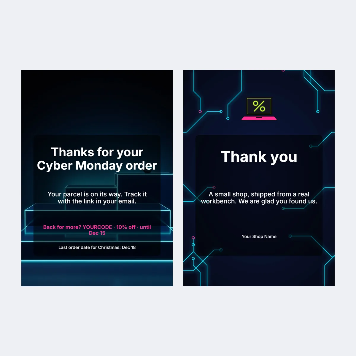 Two Cyber Monday order thank-you card templates in cool blue colours with a code line