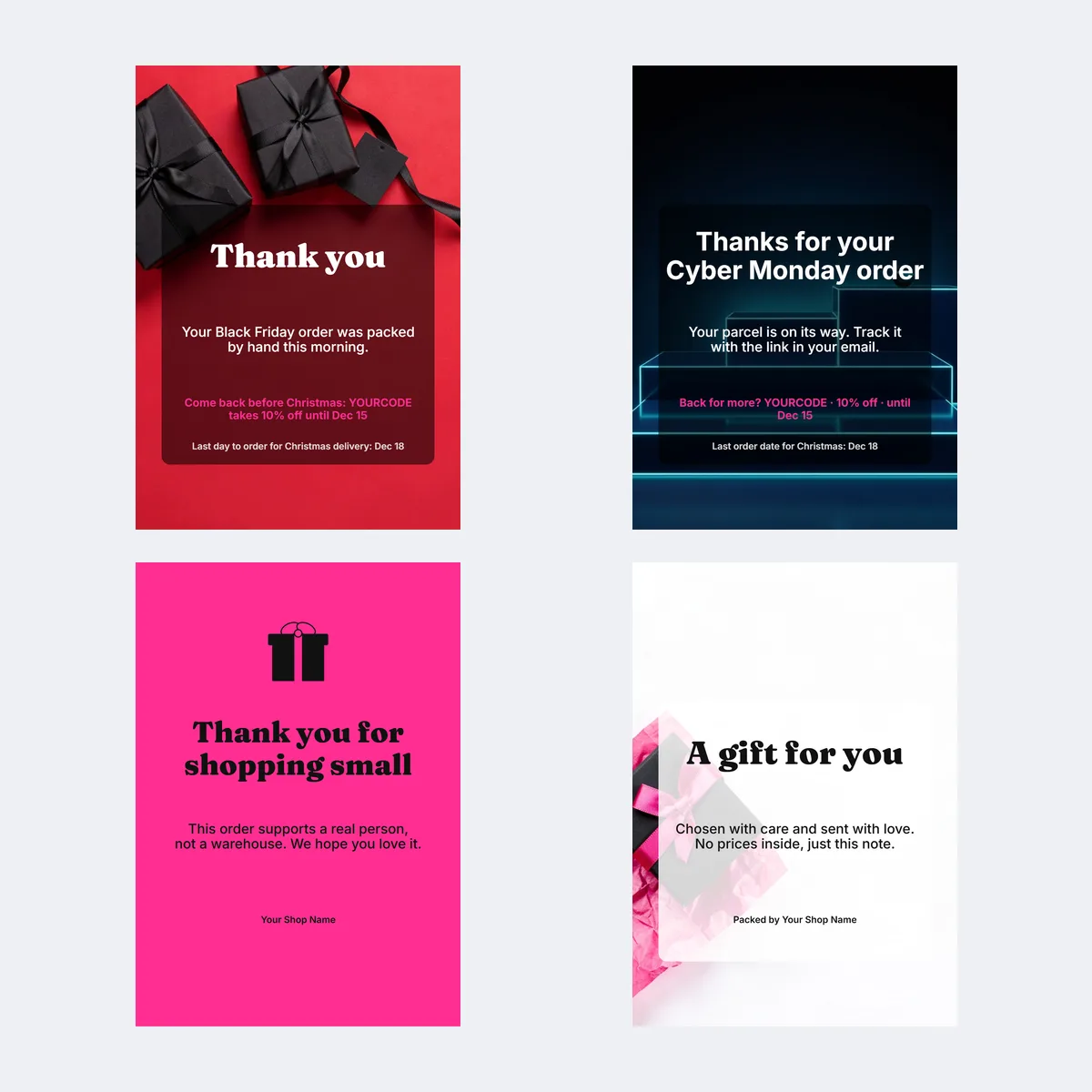 Four thank-you card templates, one from each group: order, Cyber Monday, small-shop and gift