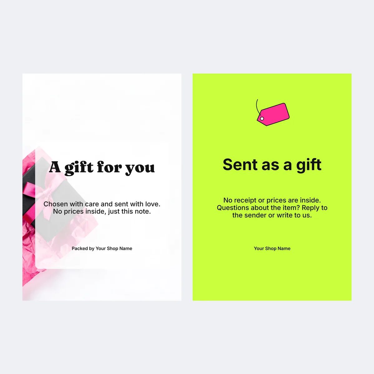 Two gift-order thank-you card templates with a bow and To and From lines
