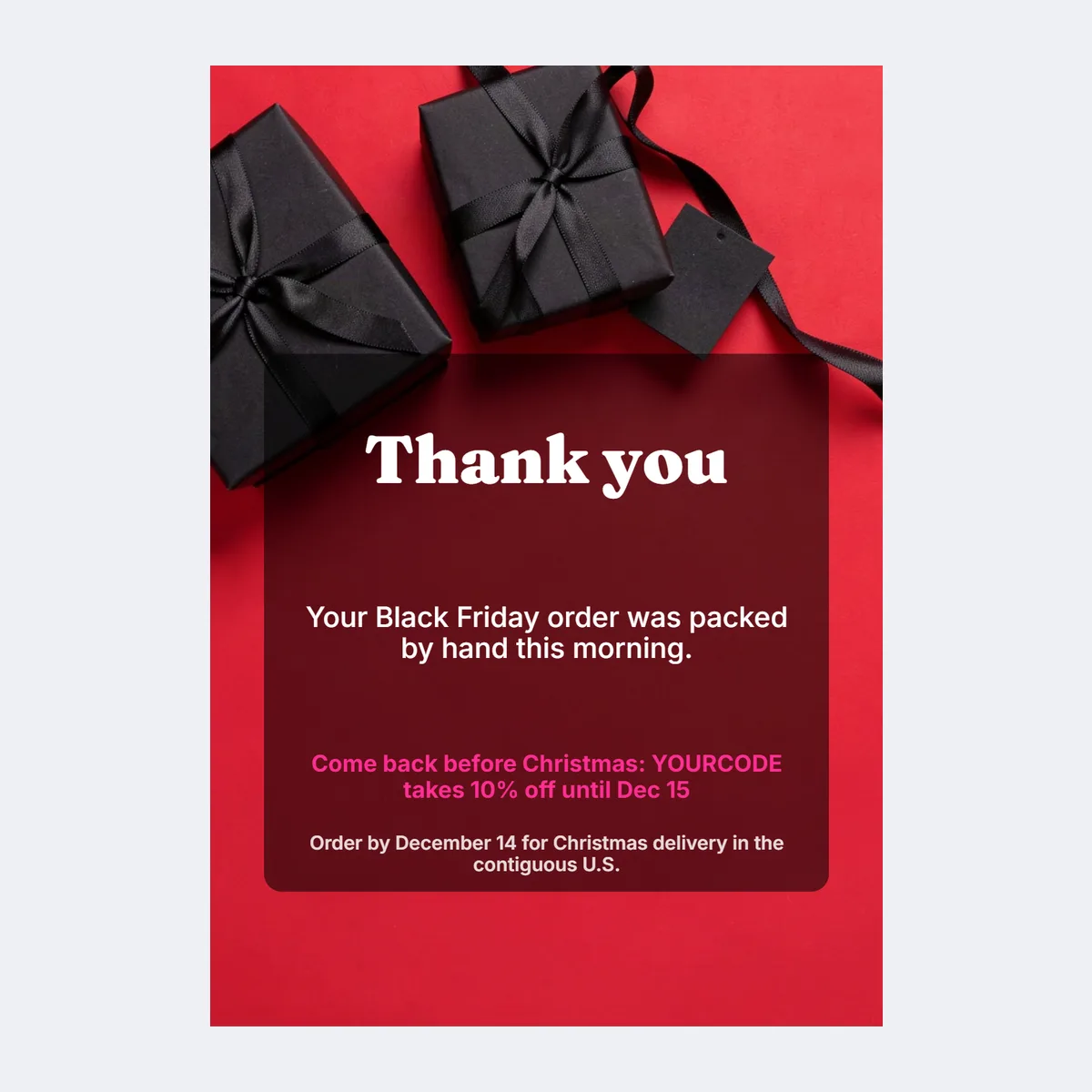 Thank-you card template with its bottom line set to Order by December 14 for Christmas delivery