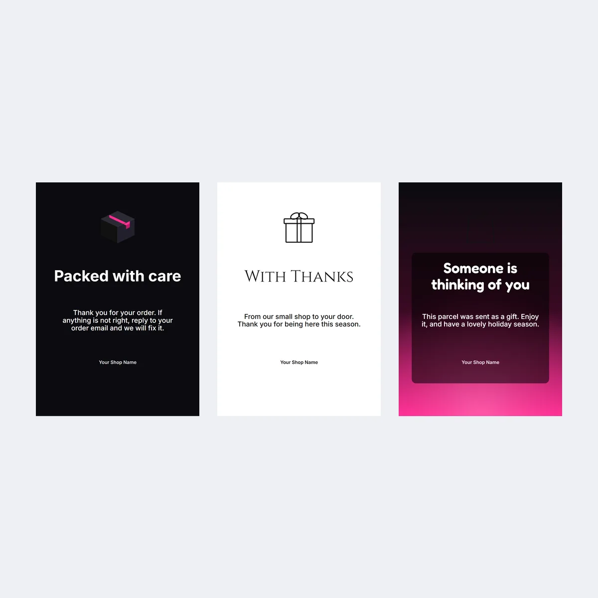 Three no-offer thank-you card templates in black, white and a pink gradient